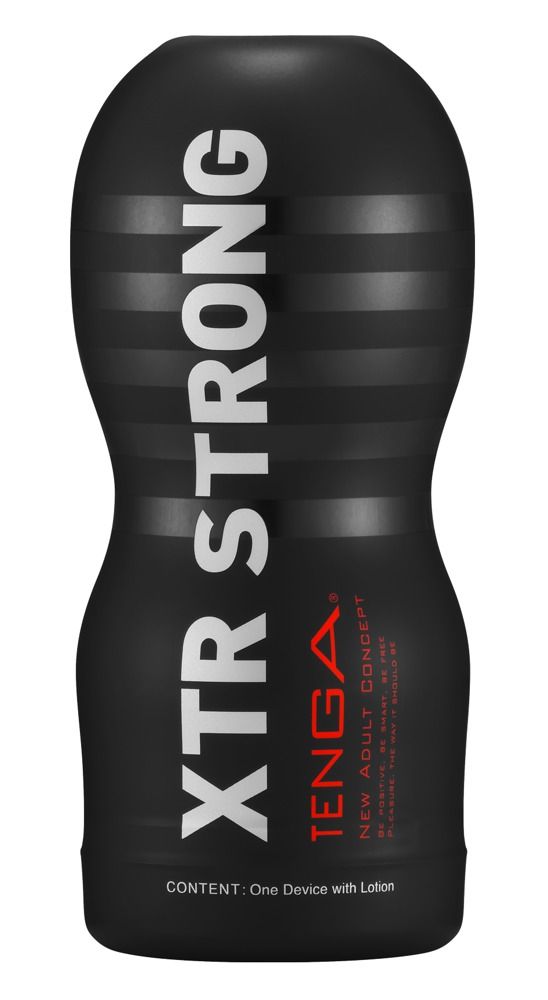 Schwarzer Vakuum-Cup mit weißem XTR STRONG-Schriftzug. TENGA-Logo und Text darunter. Inhalt: One Device with Lotion.