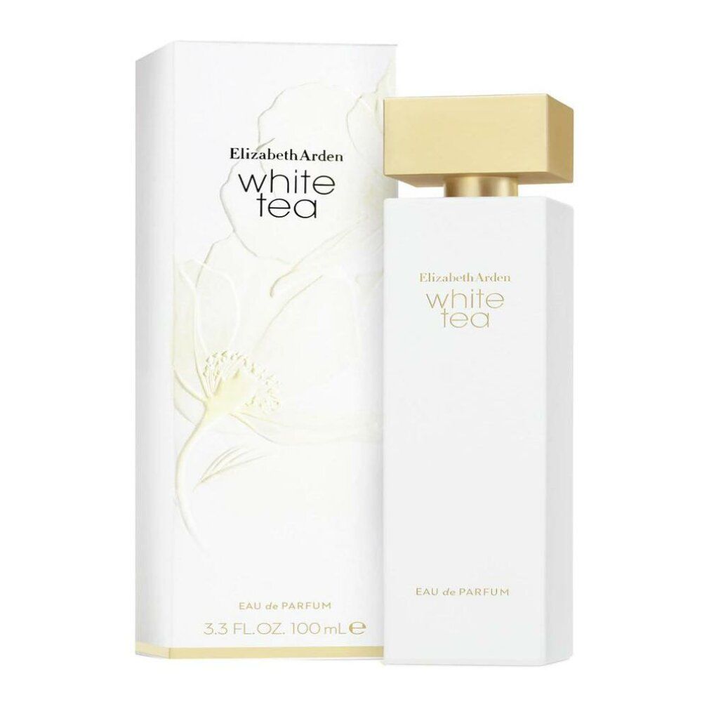 Weißes Parfümflakon und Verpackung. Aufschrift: White Tea. Goldfarbener Verschluss. Floral-Design auf der Verpackung.