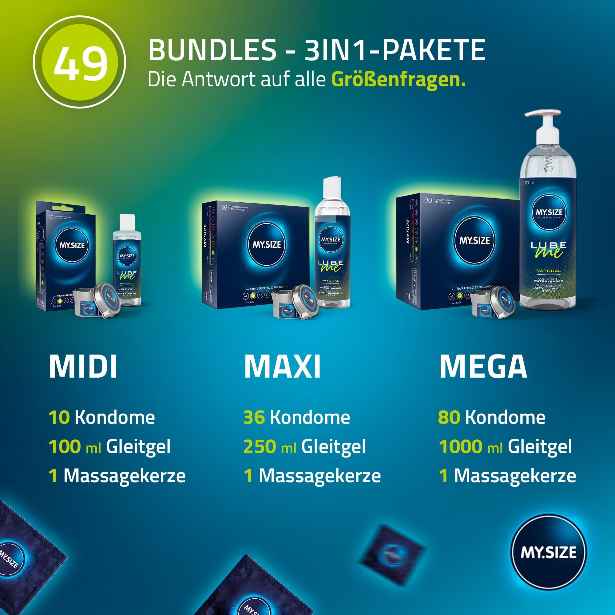 Drei Bundles: MIDI (10 Kondome, 100ml Gleitgel, 1 Massakerze), MAXI (36, 250ml, 1), MEGA (80, 1000ml, 1).