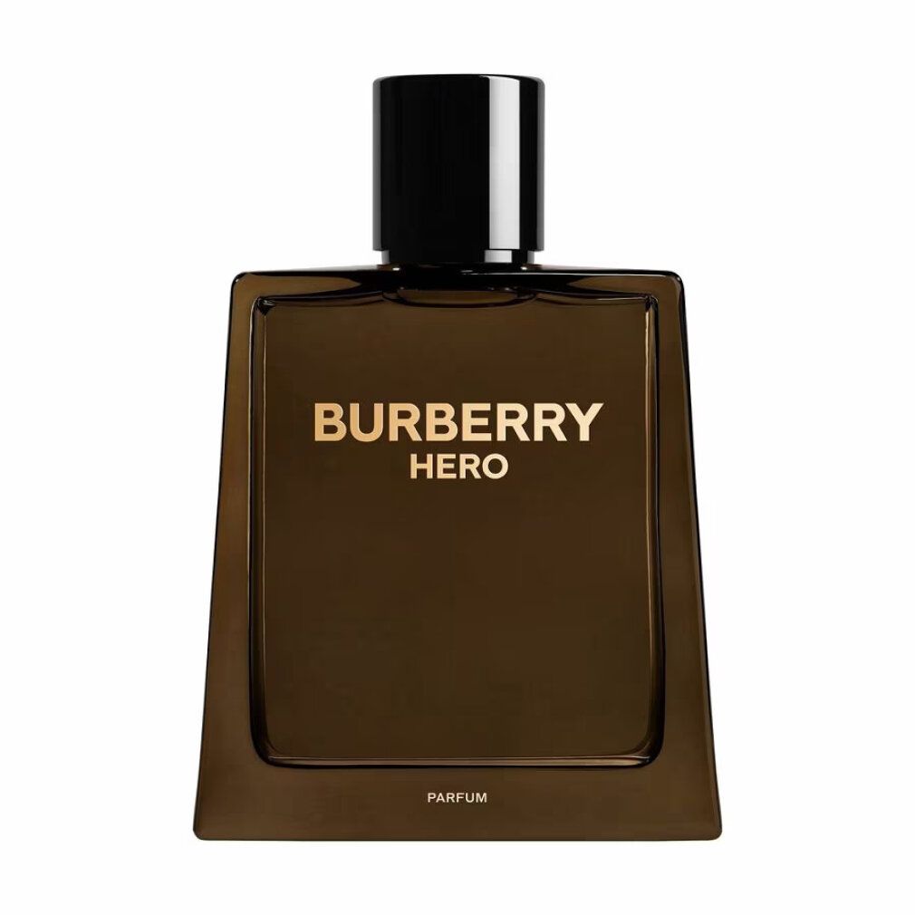 Burberry Hero Parfum Flakon, braunes Glas, goldene Schrift.