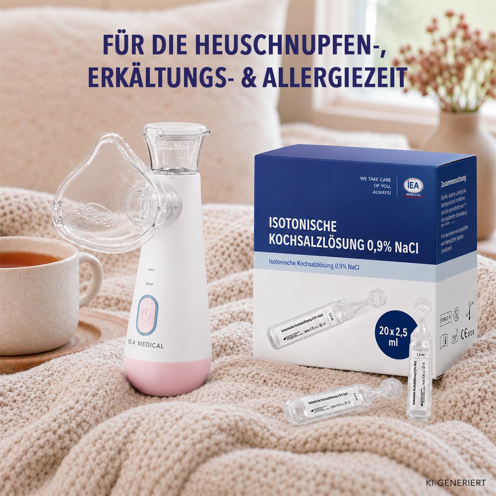 Ein weiß-pinker Vernebler mit Zubehör und einer Packung mit 20x 2,5 ml Kochsalzlösung Ampullen.