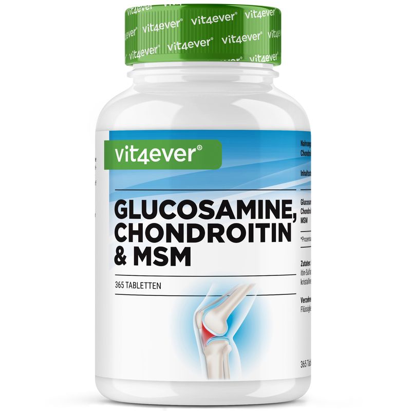 Weiße Flasche mit grünem Deckel, Etikett "vit4ever Glucosamin, Chondroitin & MSM". Text: "365 Tabletten".