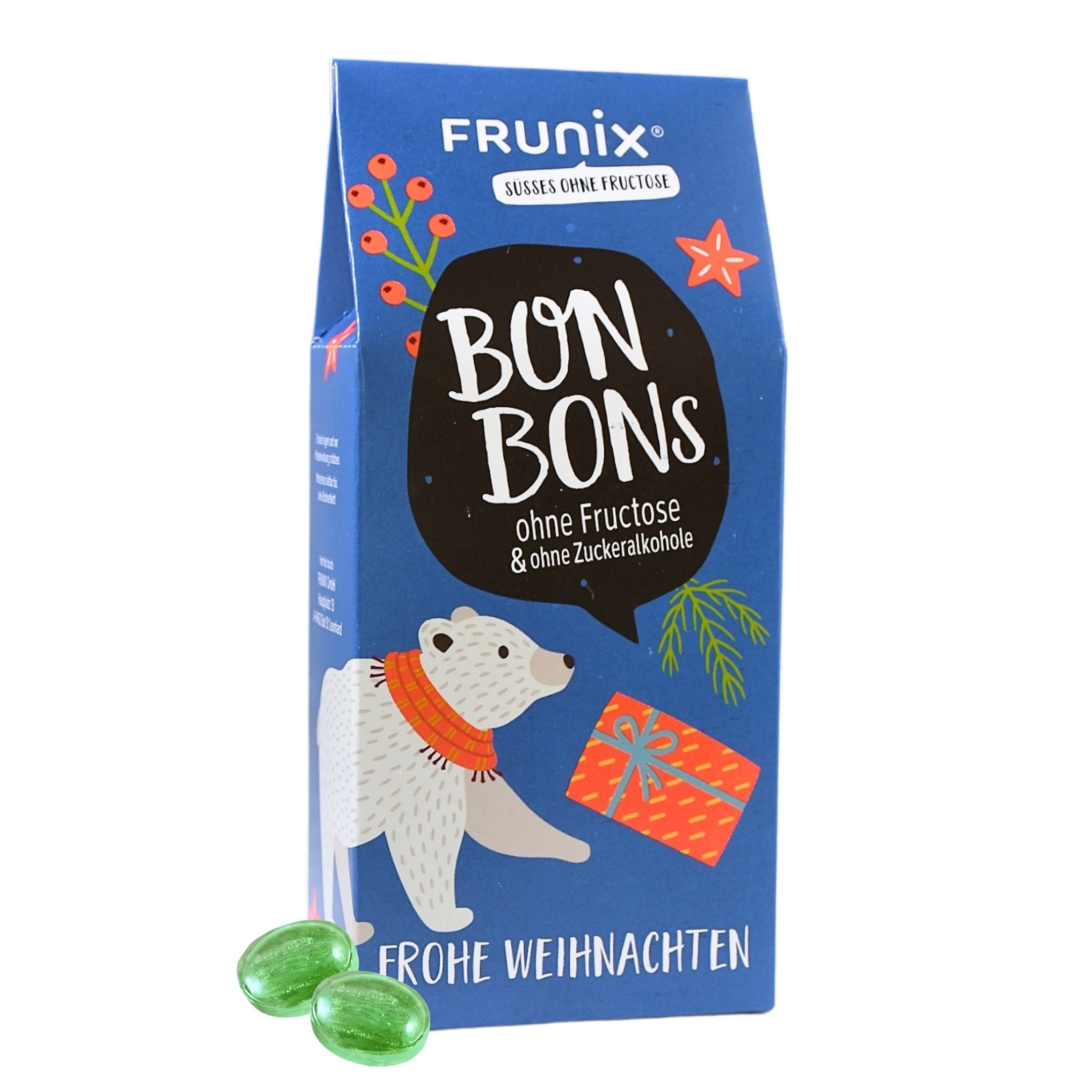 Bonbon-Packung mit Eisbär-Illustration. Text: "Bon Bons", "ohne Fructose & ohne Zuckeralkohole", "Frohe Weihnachten". Zwei grüne Bonbons.