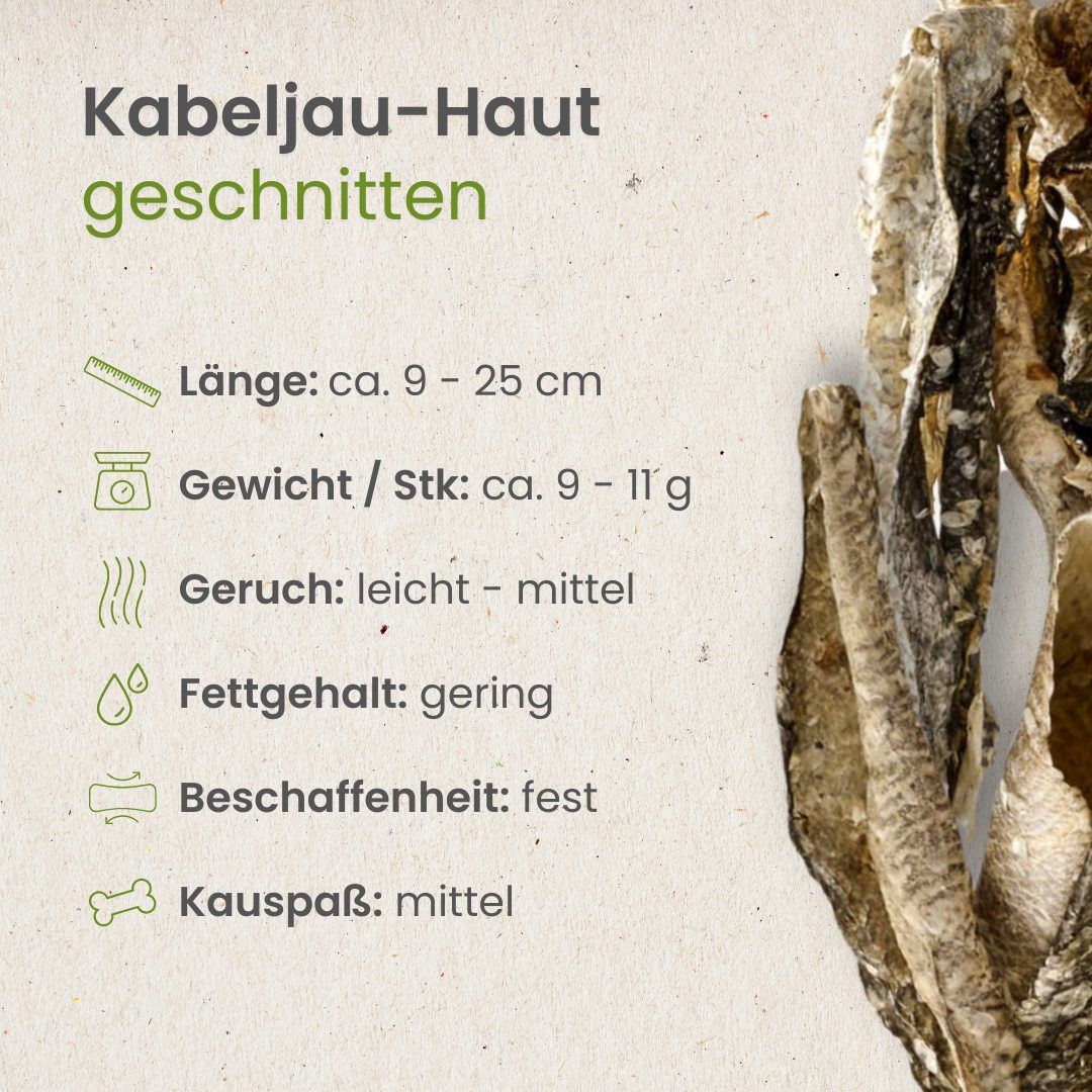 Kabeljau-Haut geschnitten: Länge 9-25 cm, Gewicht 9-11g, fester Biss, mittlerer Kauspaß.