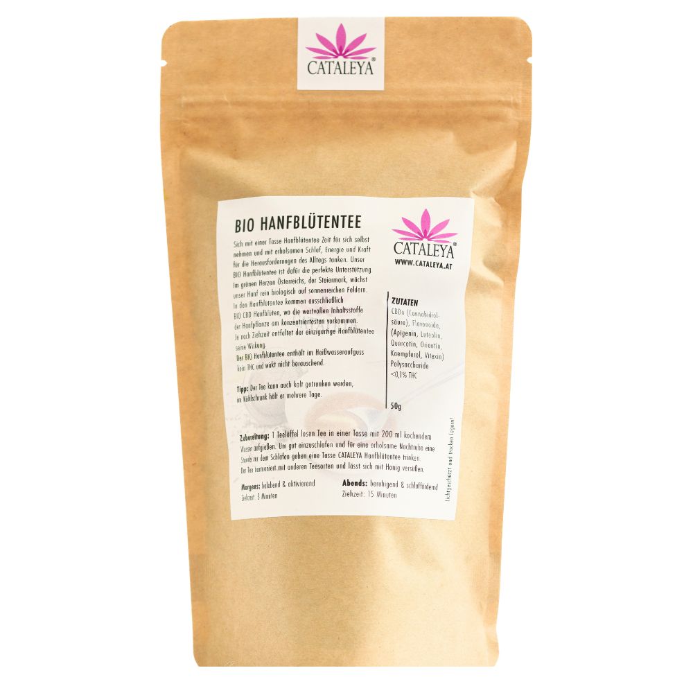 50g Beutel CATALEYA BIO Hanfblüten Tee, stehend.