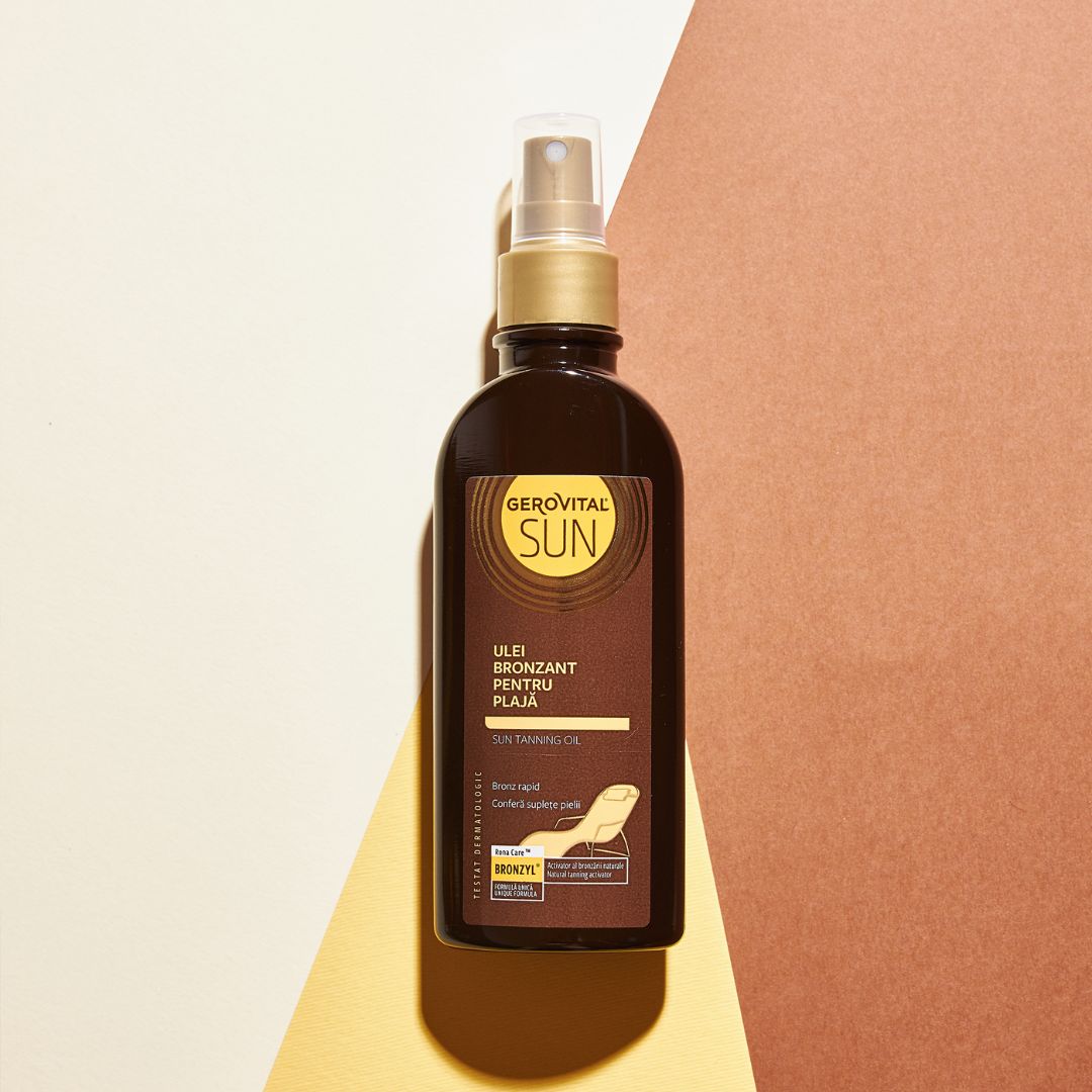 Gerovital Sun Bräunungsöl, braune Flasche mit Sprühkopf. Aufschrift: Ulei Bronzant Pentru Plaja, Sun Tanning Oil. Hintergrund: gelb und braun.
