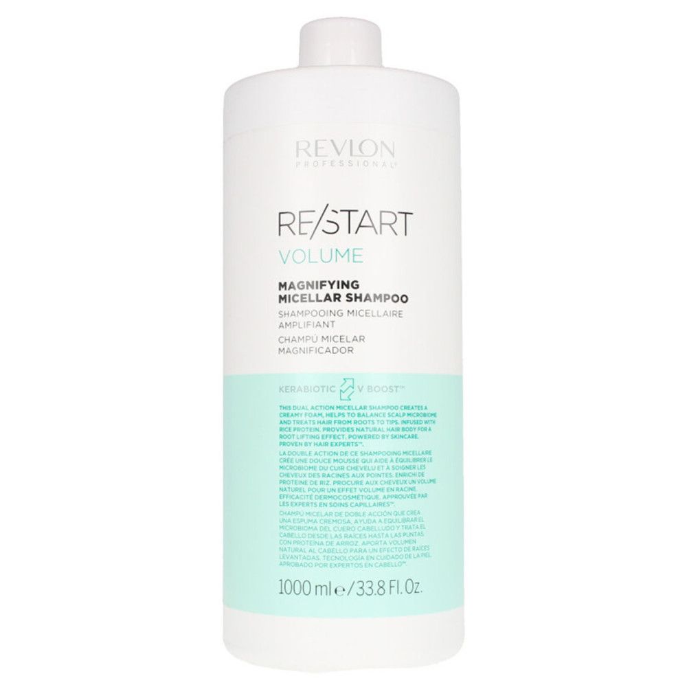 Große, weiße Flasche Revlon Re-Start Volume Shampoo. Text: Magnifying Micellar Shampoo, 1000 ml.