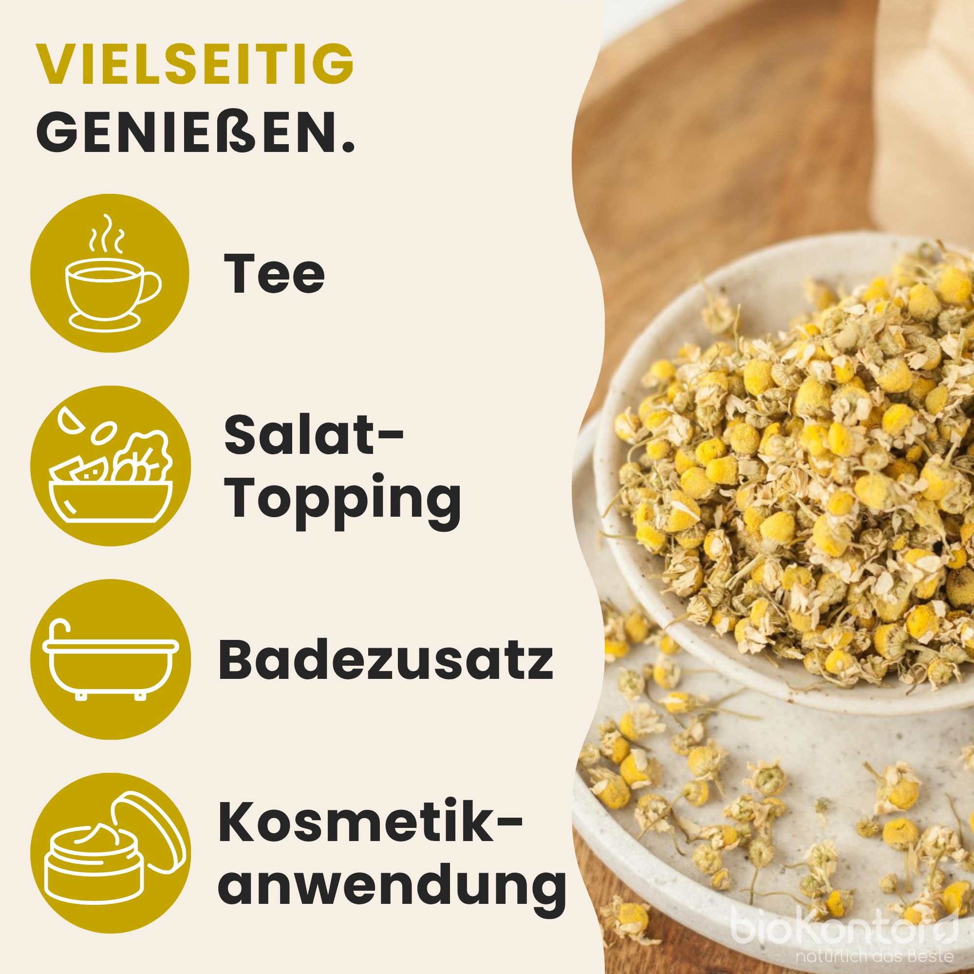 Zubereitung von Kamillentee: 2-3 TL Blüten mit 250 ml Wasser (100°C) aufgießen, 8-10 Minuten ziehen lassen.