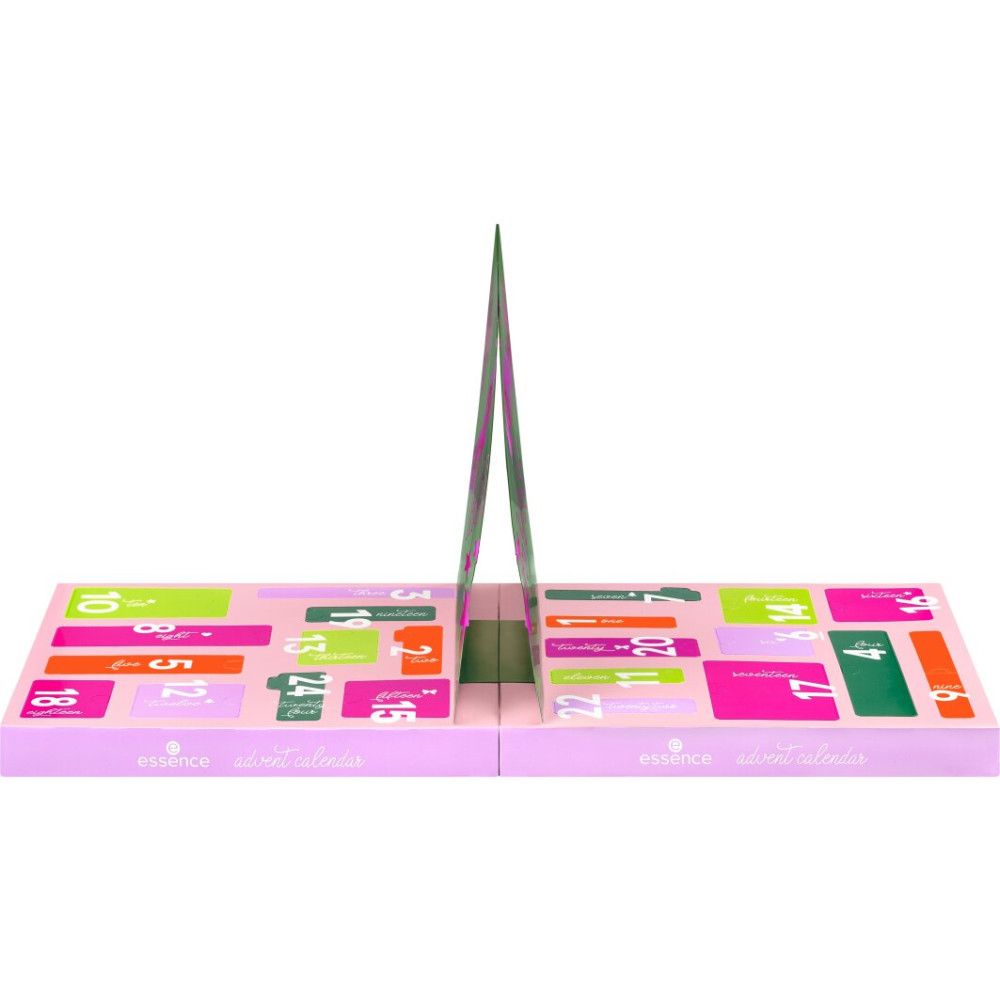Geöffneter Adventskalender mit nummerierten Türchen. Rosa und grüne Farben. 'Essence' Logo sichtbar.