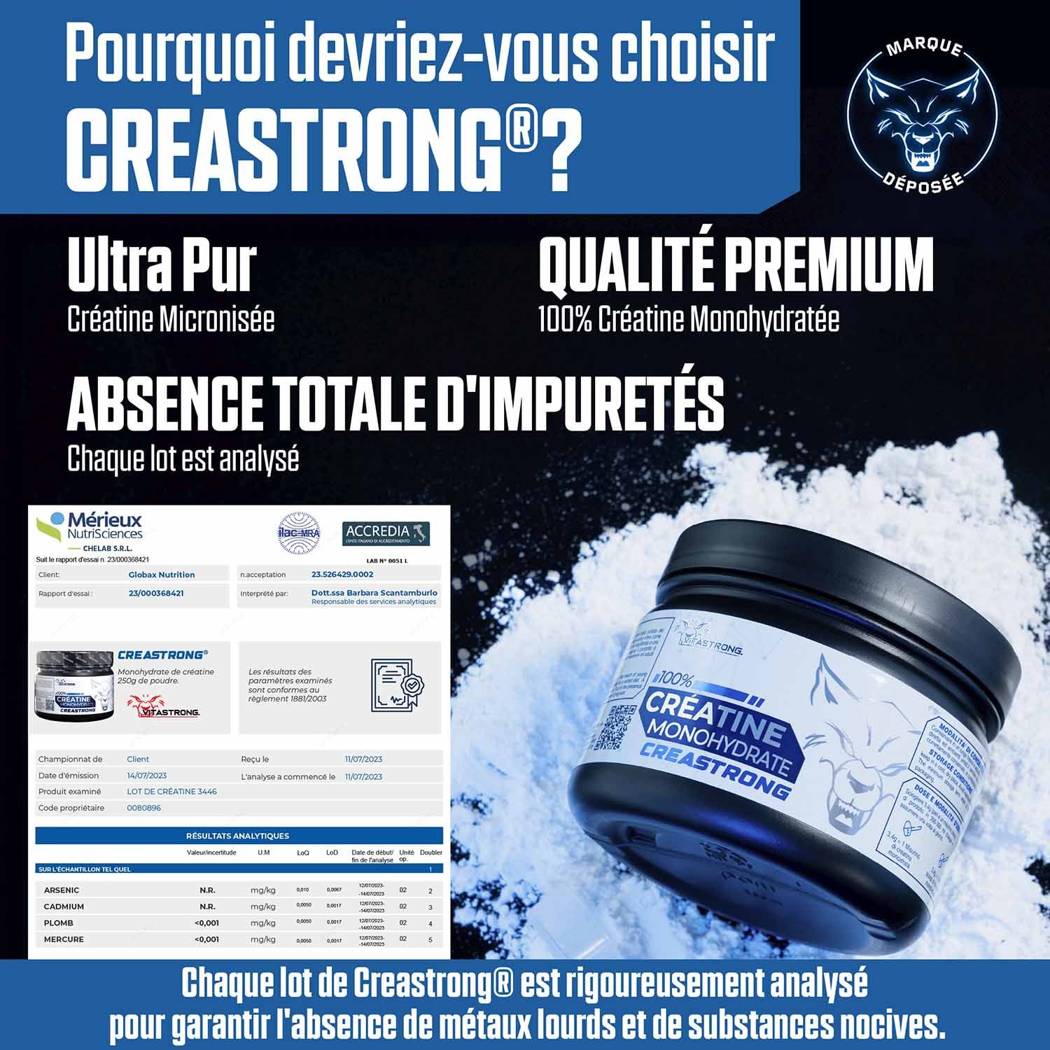 Pot Vitastrong Creatin Creastrong et résultats d'analyse. Texte: Pourquoi Creastrong ? Qualité premium, pas d'impuretés.