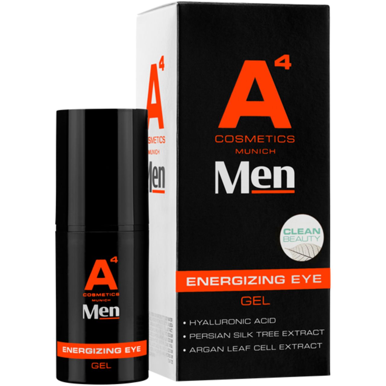 Schwarze Flasche und Schachtel. Aufschrift: A4 Cosmetics Munich Men, Energizing Eye Gel. Inhaltsstoffe.
