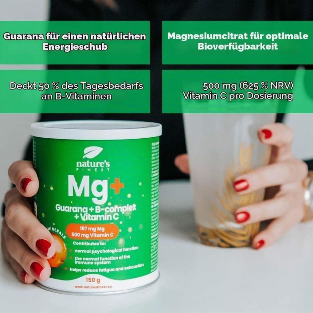 Dose Nature's Finest Mg+ und ein Glas Getränk, mit Hinweisen zu Guarana und Magnesium.