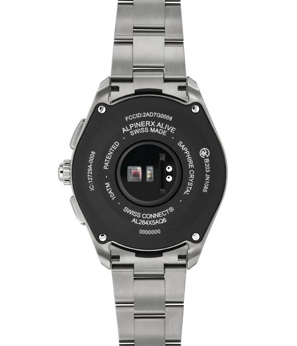 Rückseite der Uhr mit Metallarmband. Schwarzes Gehäuse mit Sensoren. Marke Alpina, Modell AlpinerX Alive. Swiss Made.