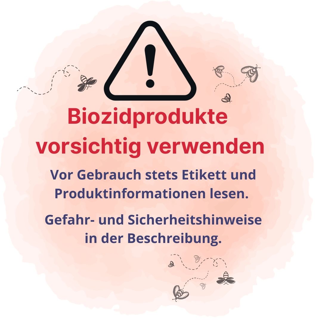 Warnschild mit Ausrufezeichen und Text: "Biozidprodukte vorsichtig verwenden".
