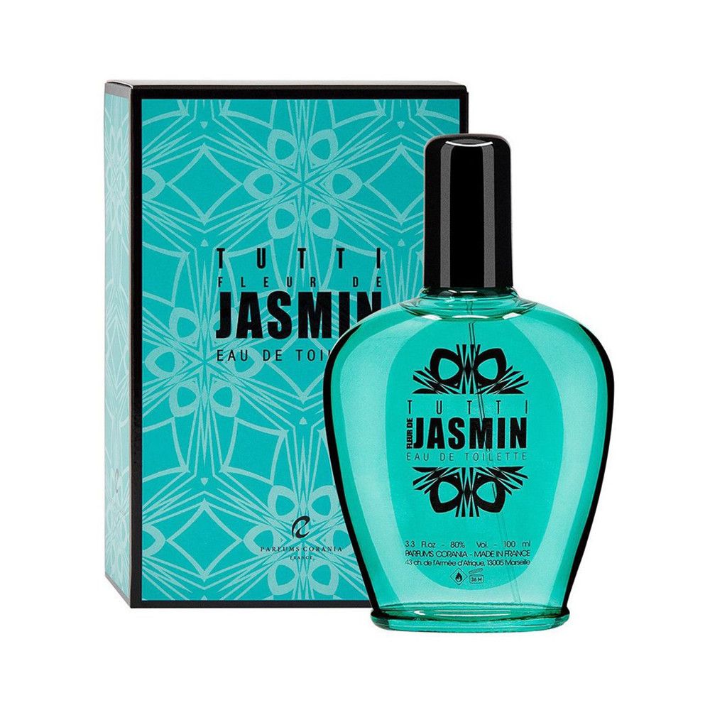 Türkisgrünes Eau de Toilette mit schwarzem Verschluss und Verpackung. Aufschrift: TUTTI JASMIN.