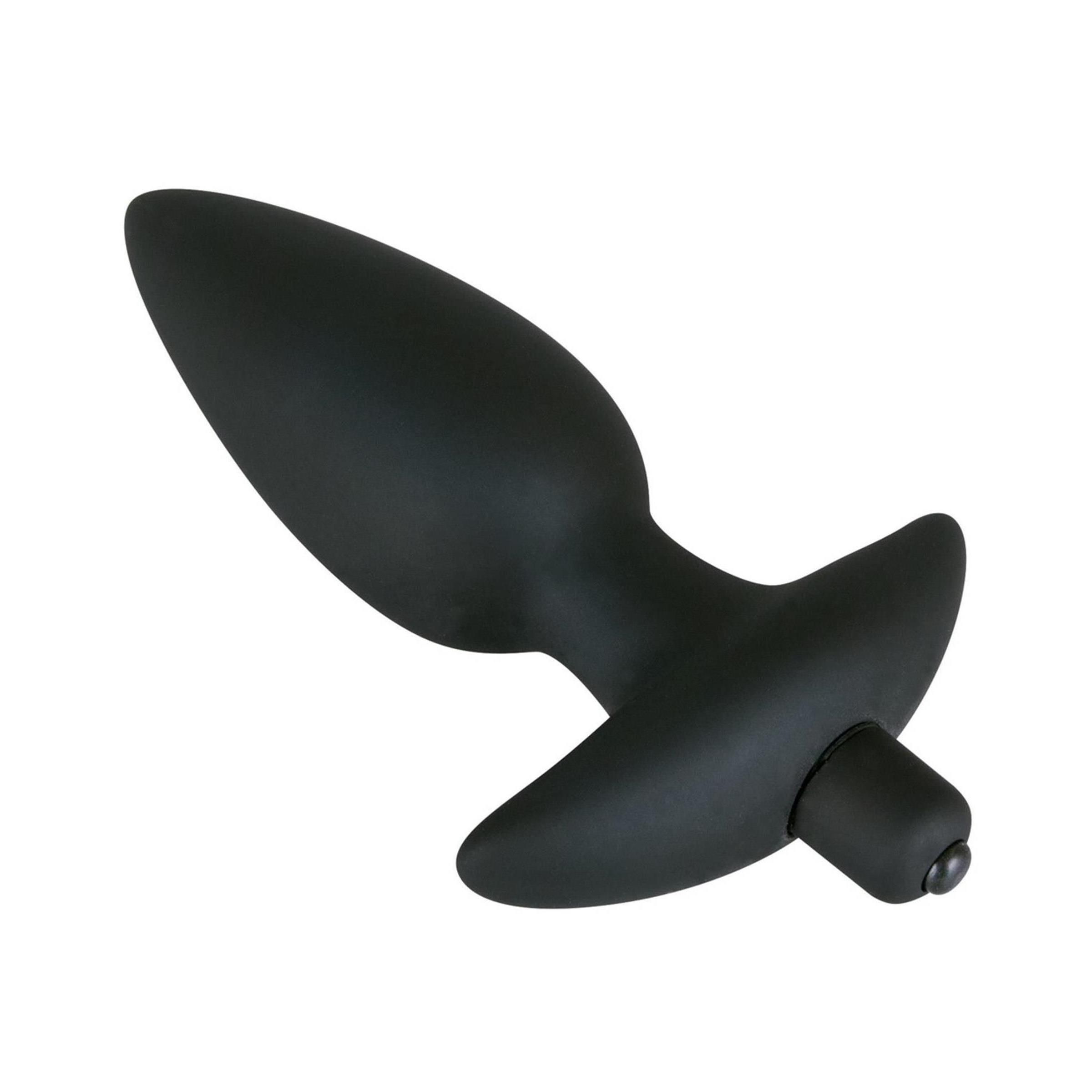 Schwarzer Analplug, konisch geformt, mit T-förmigem Griff und Basis. Perspektivische Ansicht.