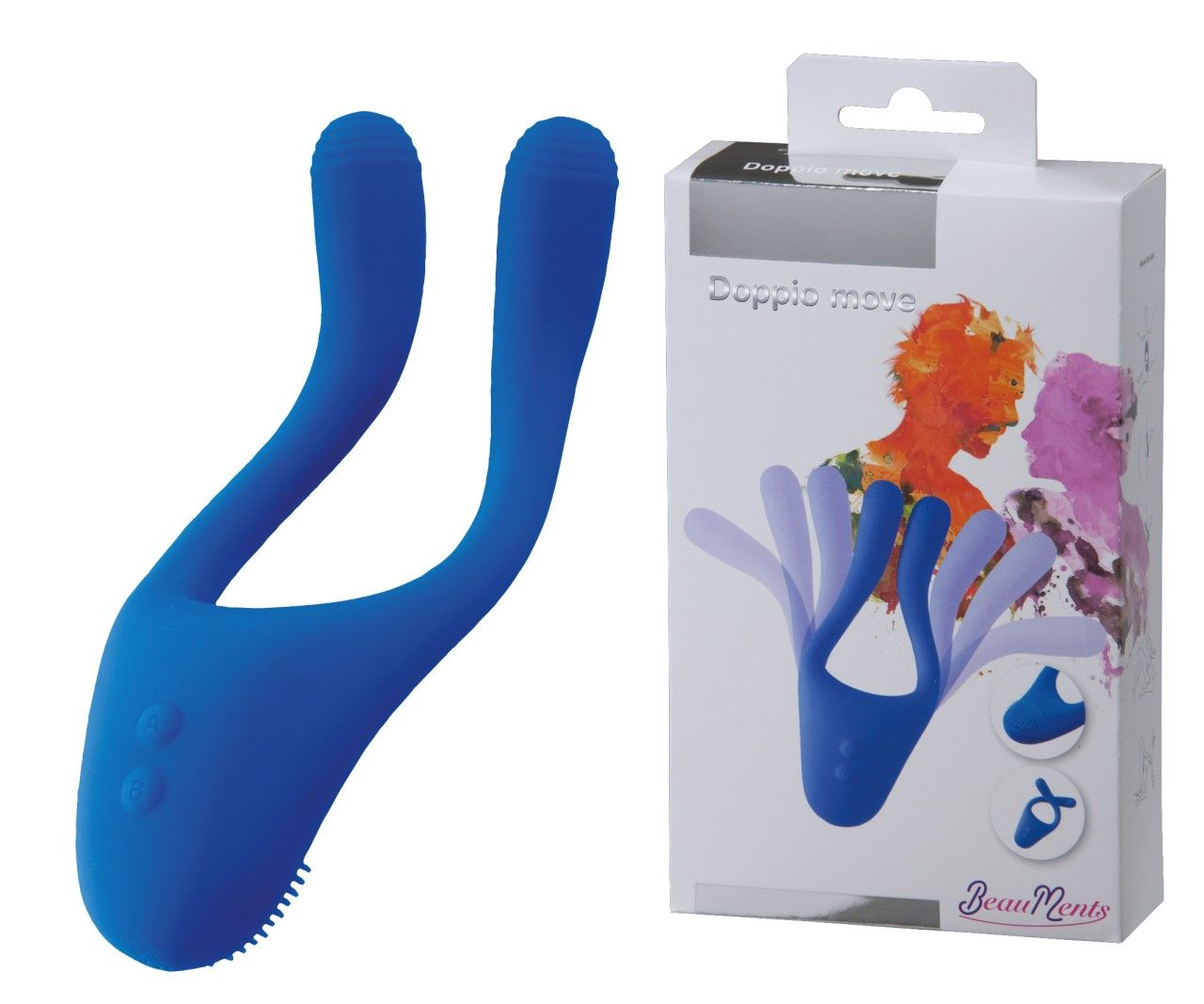 Blaues Wellness-Produkt neben einer weißen Verpackung. Verpackung mit Produktabbildung und Schriftzug.