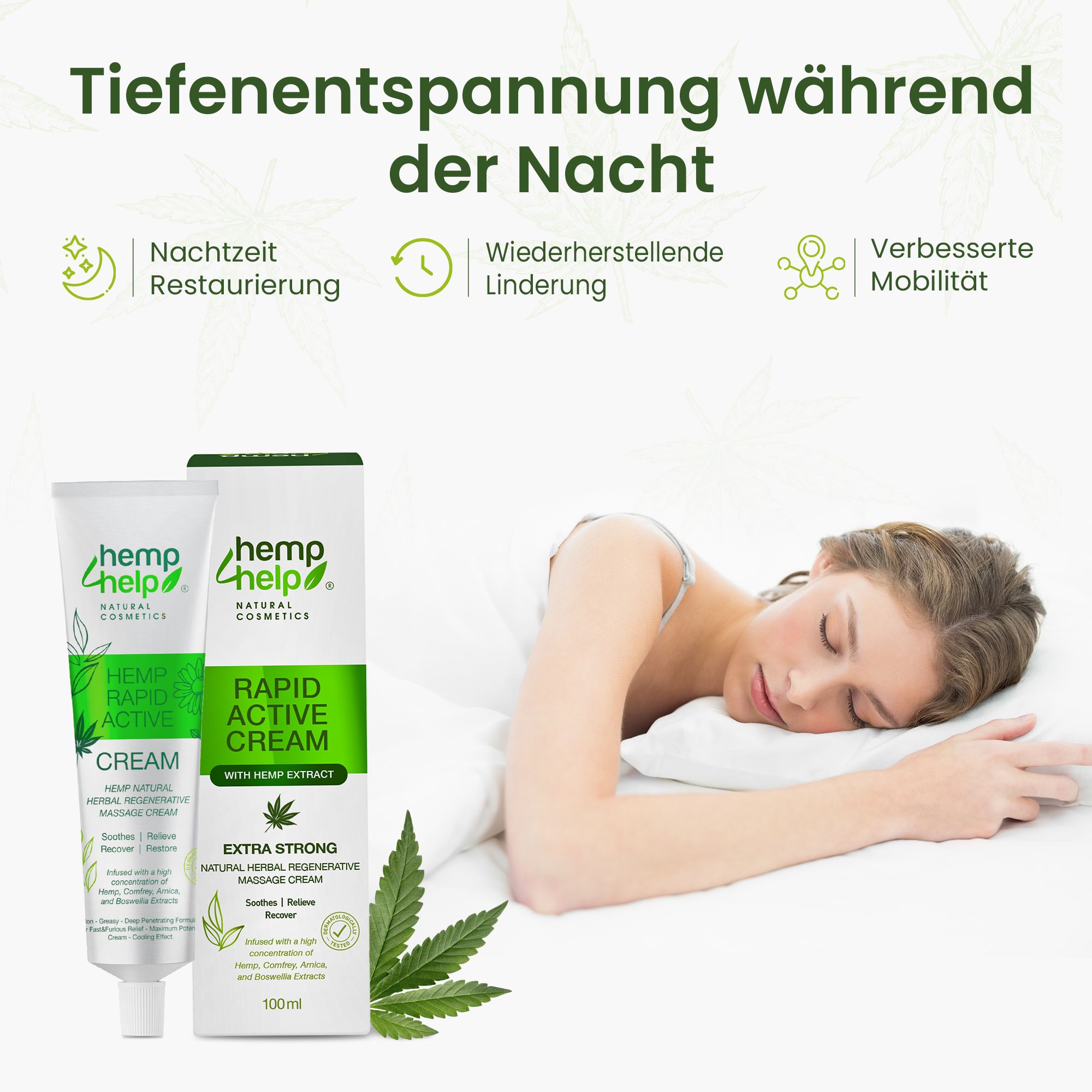 Hemp+Help Rapid Active Creme Tube und Kartonverpackung neben einer schlafenden Frau.