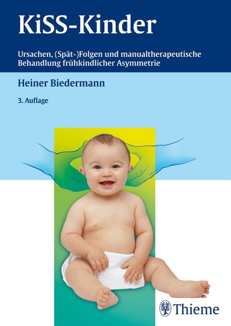 Buchcover: KiSS-Kinder. Titel, Autor, Auflage. Baby sitzt. Hintergrund blau und gelb.
