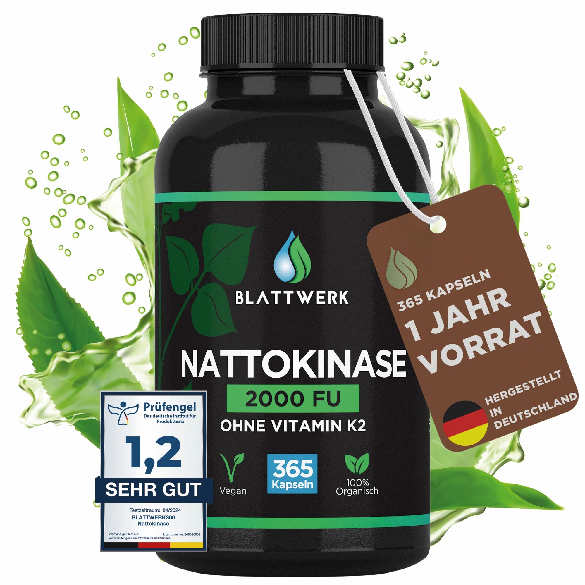 Nattokinase 2000 FU - JAHRESVORRAT - 365 Kapseln je 100mg (20.000 FU/g) - Deutsche Marke - BLATTWERK