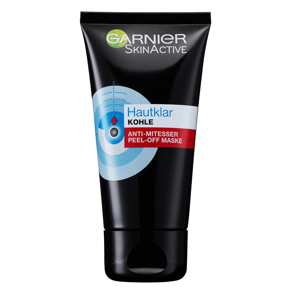 Schwarze Tube mit Garnier SkinActive Hautklar Kohle Peel-Off Maske. Text: Anti-Mitesser.