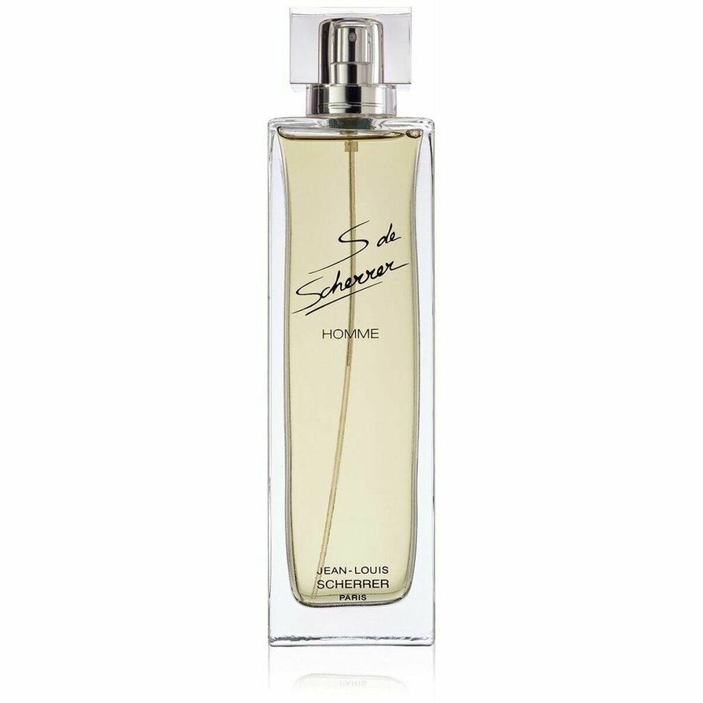 Rechteckige Glasflasche mit silbernem Zerstäuber. Aufschrift: S de Scherrer, Homme, Jean-Louis Scherrer, Paris.