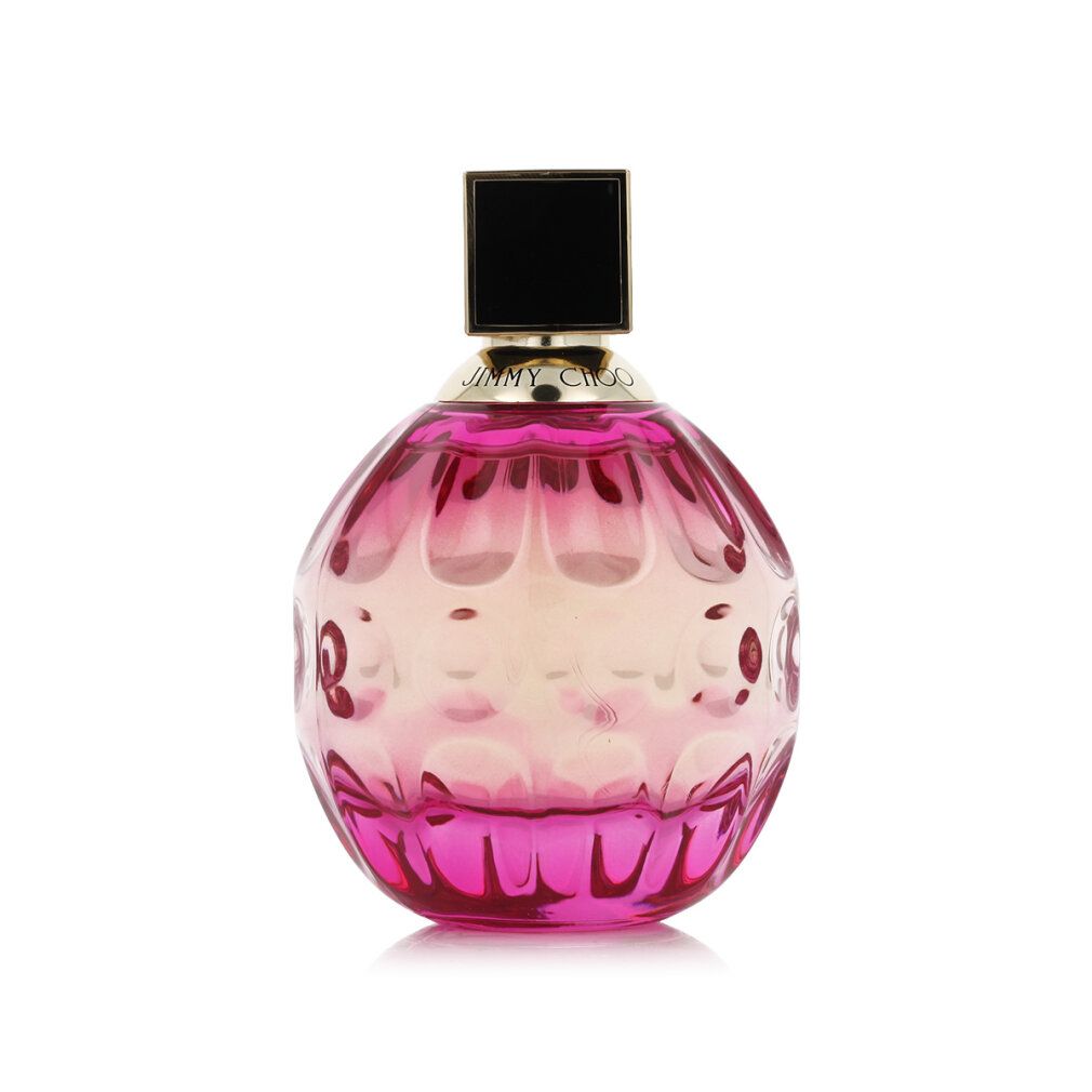 Runder, pinkfarbener Flakon mit schwarzem Deckel. Aufschrift: Jimmy Choo. Geformtes Glas mit dekorativen Elementen.