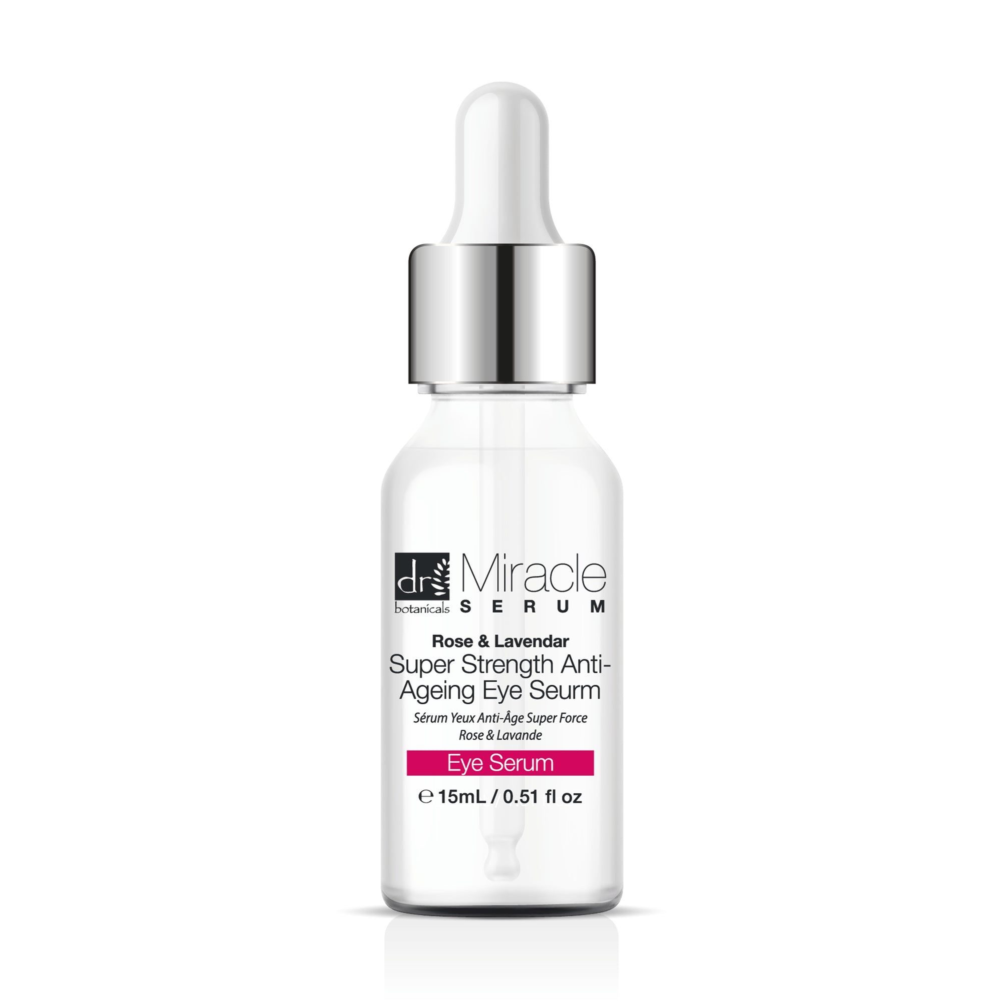 Klare Glasflasche mit Pipette. Rosa Etikett mit Text: Eye Serum. Silberner Verschluss. Produktname und Marke sichtbar.