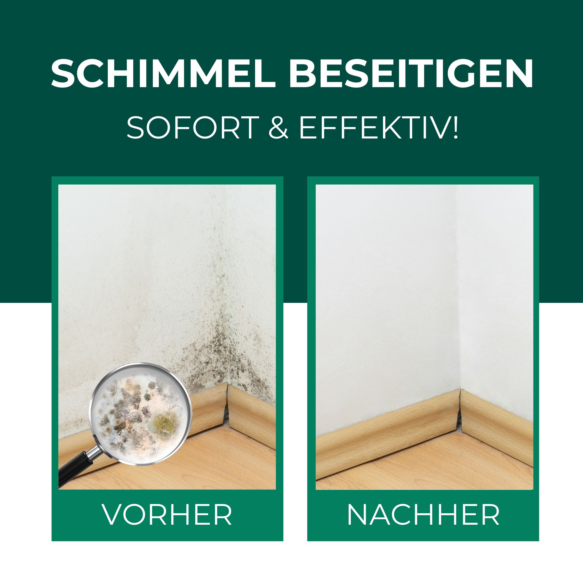Vorher-Nachher-Vergleich. Links: Schimmelbefall an Wand und Boden. Rechts: Saubere Wand und Boden. Text: Schimmel beseitigen, sofort & effektiv!