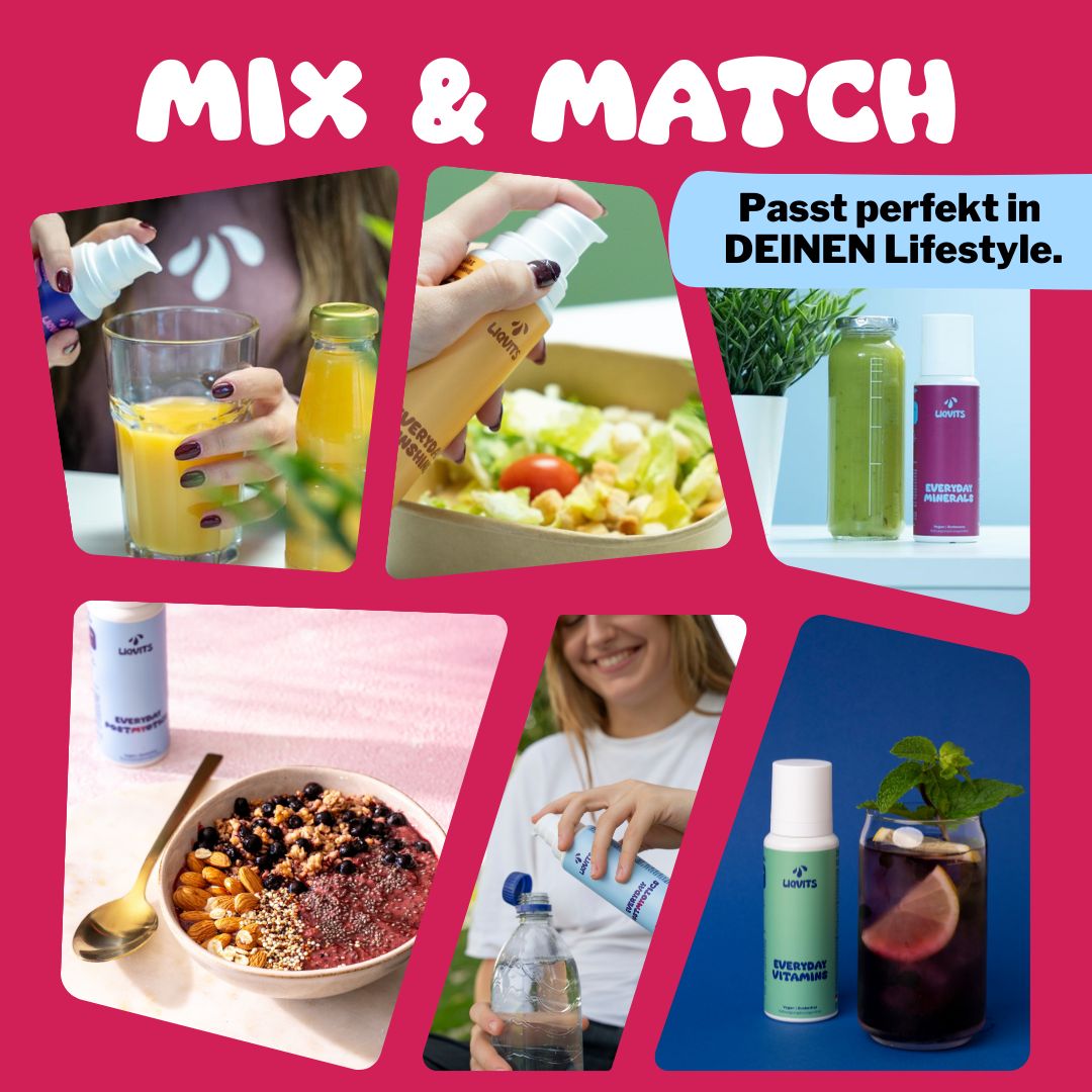 Collage mit verschiedenen Szenen. Produkte in verschiedenen Kontexten. Aufschrift: LIQVITS, Everyday POSTMYOTICS.