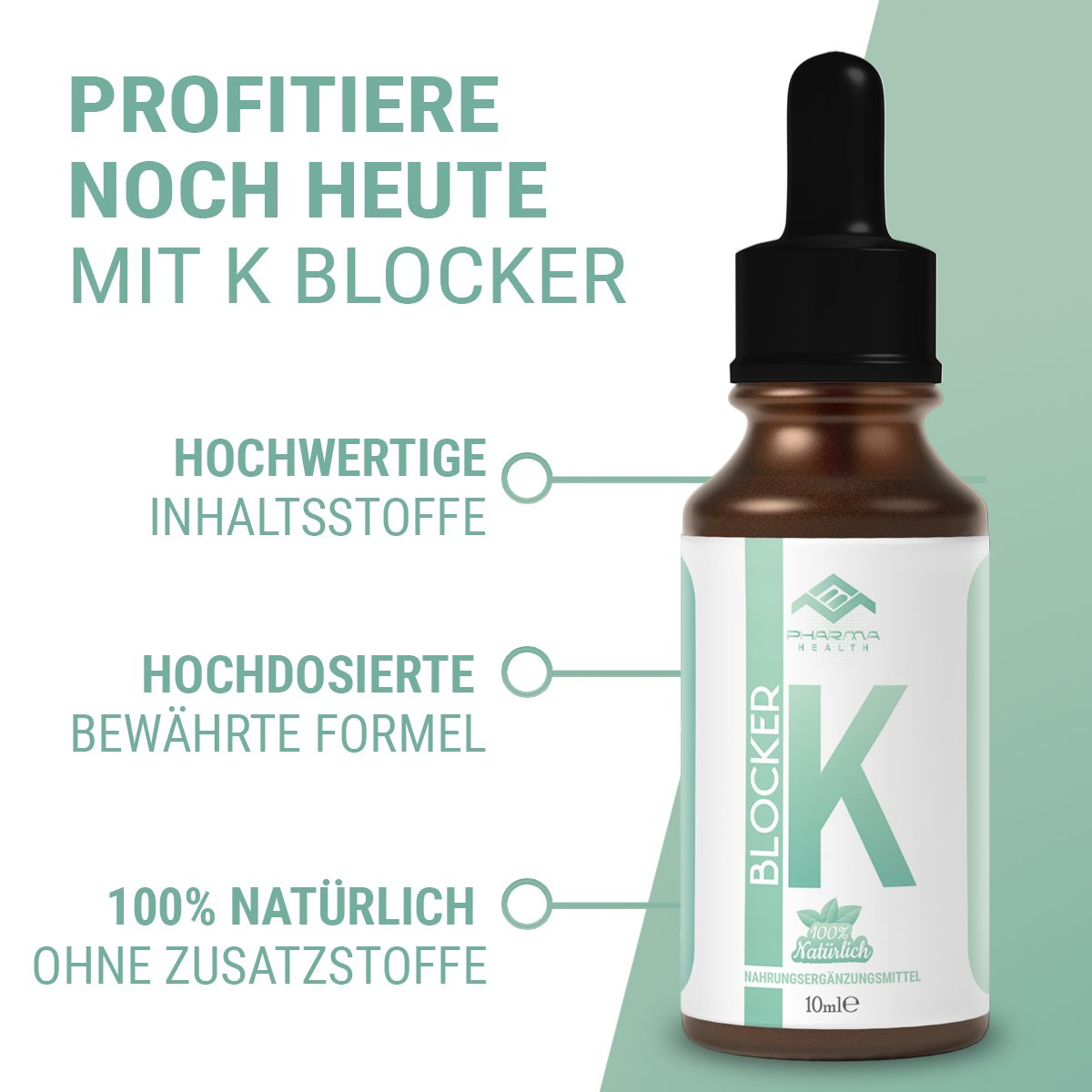 Braune Flasche mit schwarzem Tropfer. Aufschrift: Pharma Health, K Blocker, 100% natürlich. Text: Hochwertige Inhaltsstoffe.