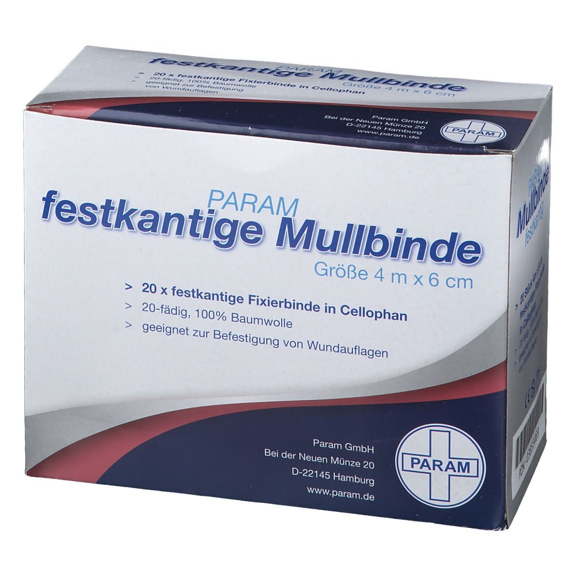 PARAM Mullbinde-Verpackung. Größe 4 m x 6 cm. 20 Stück. Weiß, blau und rot. Mit Text und Logo. CE-Kennzeichnung.