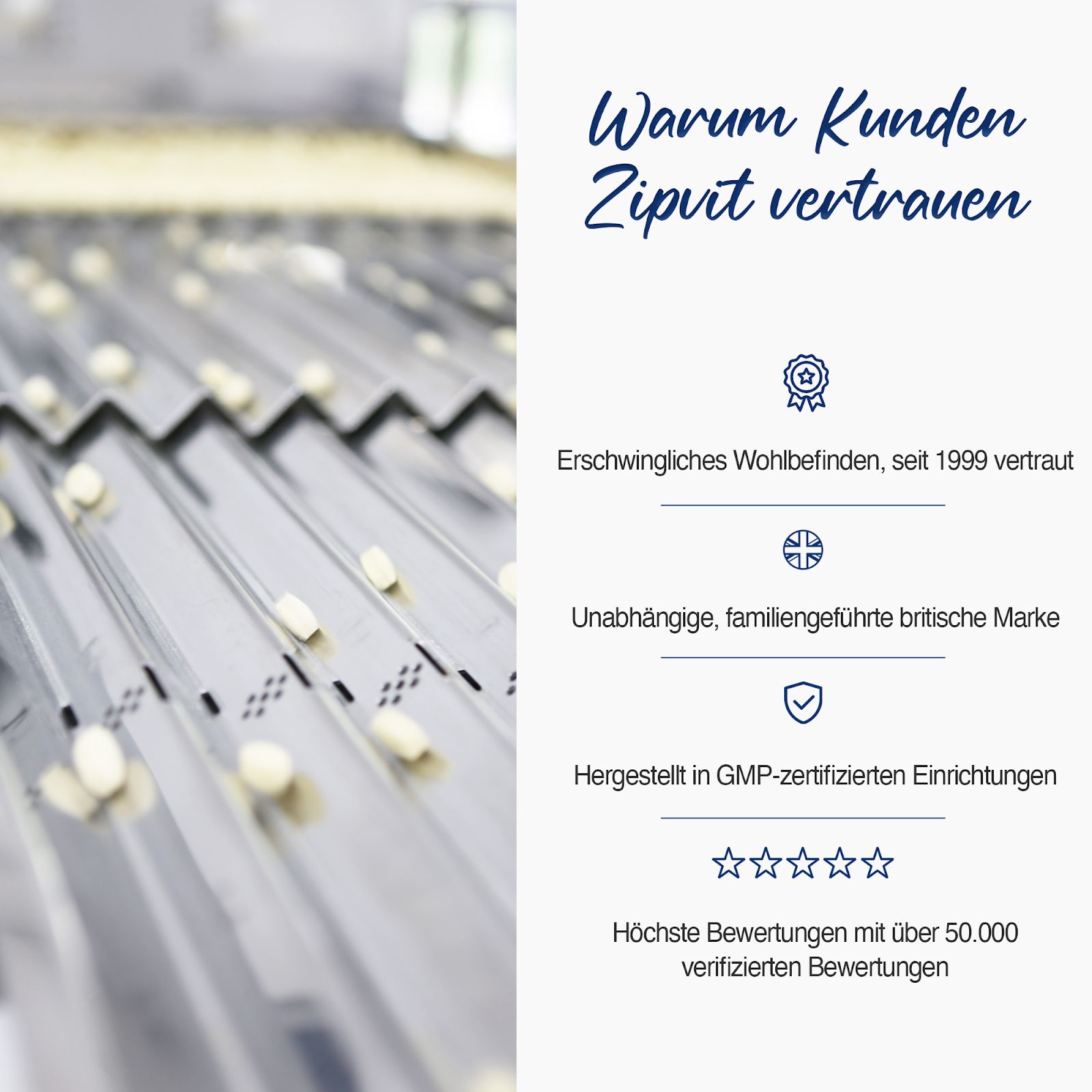 Text über die Vorteile von Zipvit. Sternebewertung. Hergestellt in GMP-zertifizierten Einrichtungen.