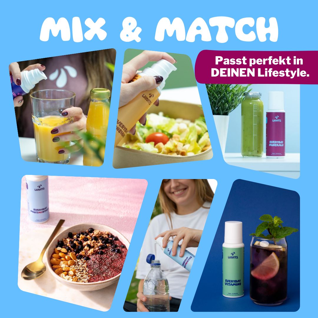 Collage mit LiqVits Everyday Minerals in verschiedenen Anwendungen. Mit Obst, Salat, Wasser, Smoothie. Aufschrift: Mix & Match. Passt perfekt in deinen Lifestyle.