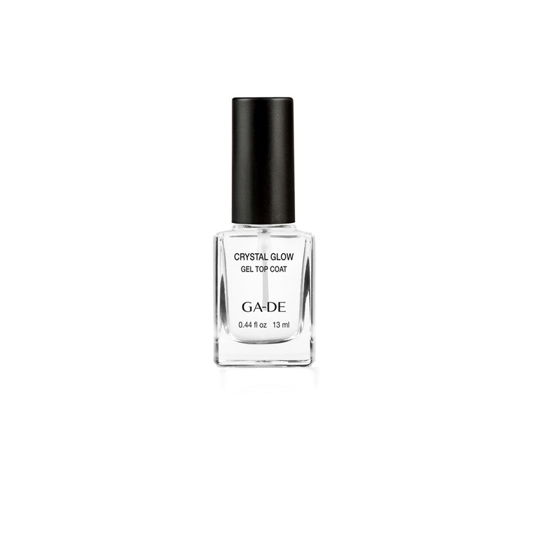 Klare Nagellackflasche mit schwarzem Deckel. Aufschrift: Crystal Glow Gel Top Coat, GA-DE, 0.44 fl oz 13 ml.