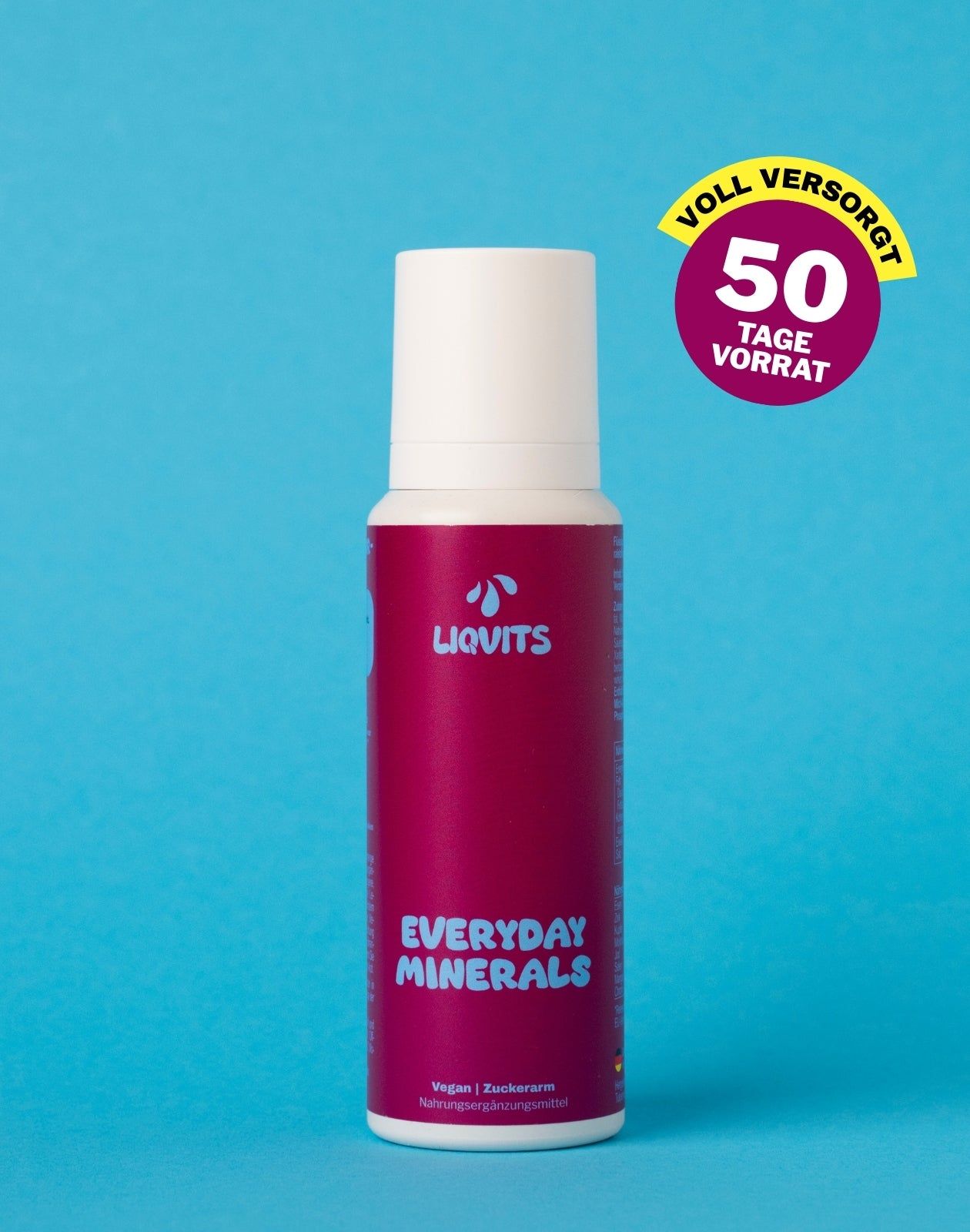 Flasche LiqVits Everyday Minerals mit Aufschrift: 50 Tage Vorrat. Hintergrund: blau. Aufschrift: Vegan, zuckerarm.