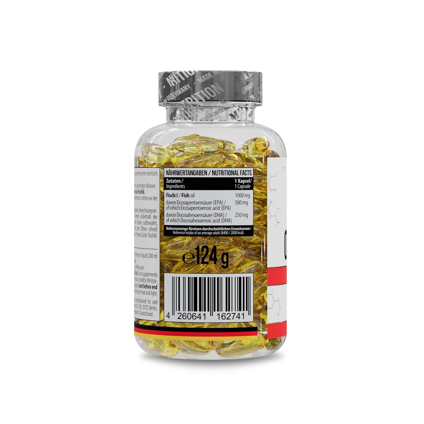 Transparente Flasche mit Kapseln. Aufschrift: Nährwertangaben, MST. Enthält EPA und DHA. Gewicht 124g.