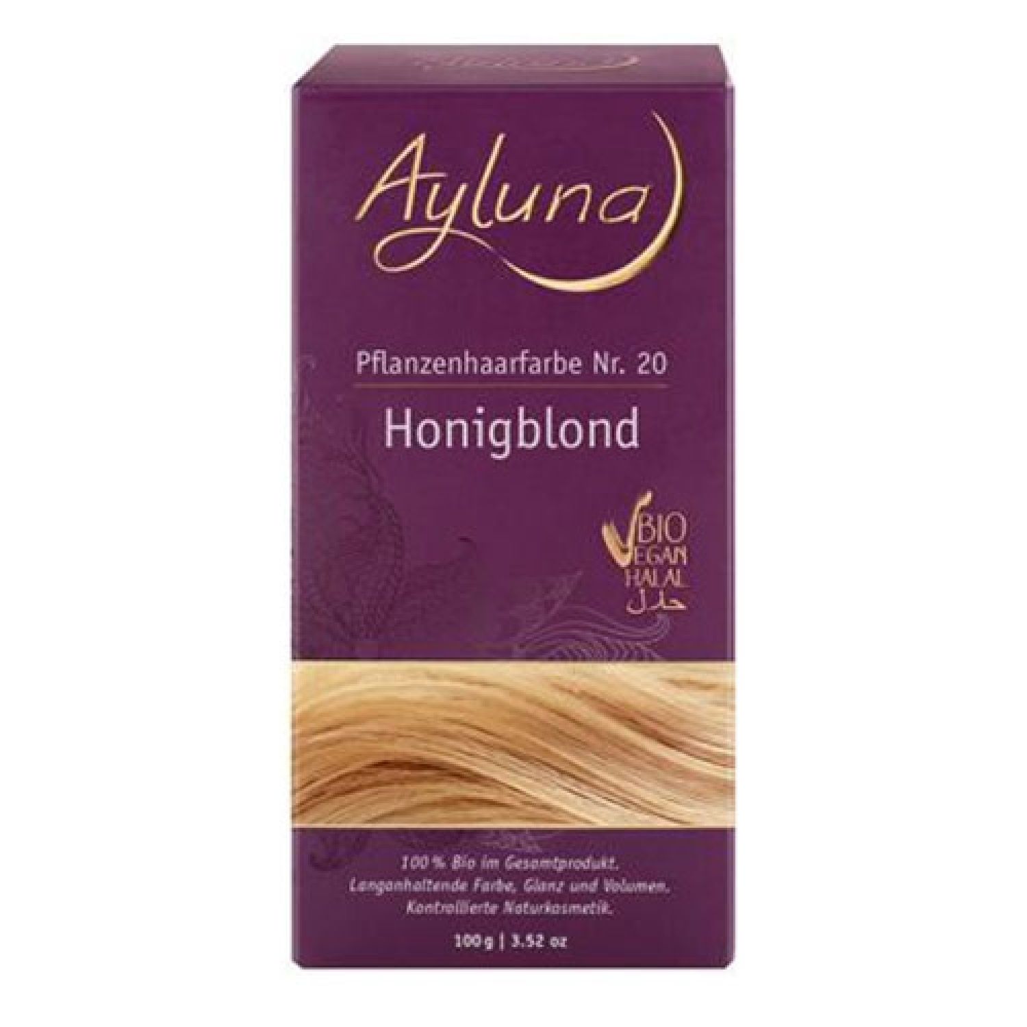 Ayluna Pflanzenhaarfarbe Nr. 20 Honigblond. Violette Verpackung mit blondem Haar. Bio, vegan, halal.