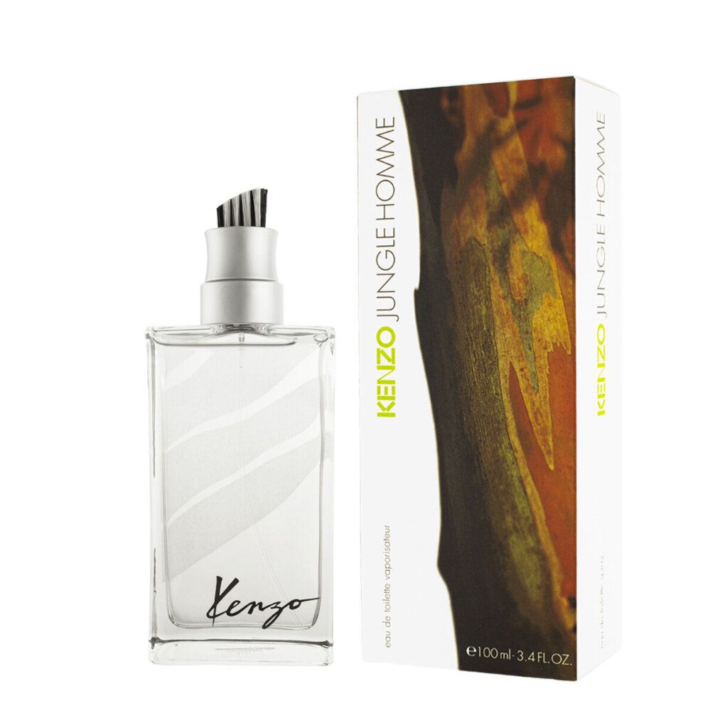 Kenzo Jungle Homme Eau de Toilette Flakon und Verpackung. Flakon rechteckig, transparent. Verpackung mit Logo und Baumrinde.