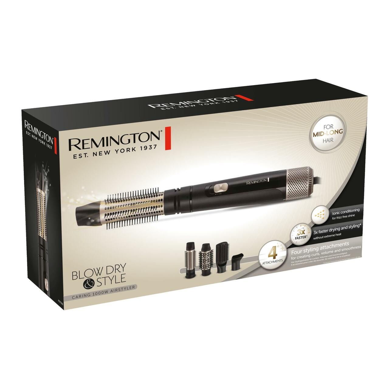 Produktverpackung. Schwarze Box mit Produktabbildung. Text: Remington, Blow Dry & Style, 4 Aufsätze.