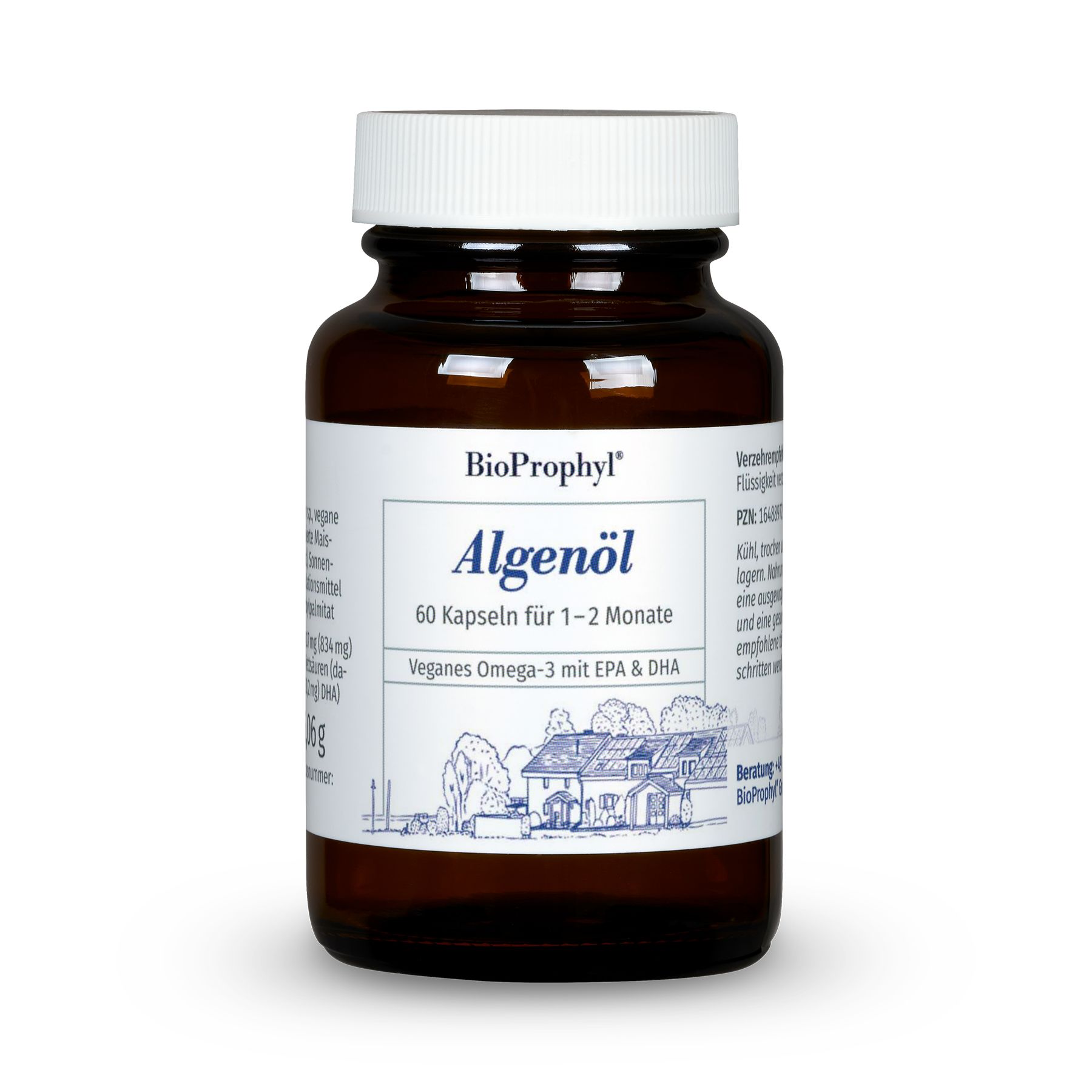 Braune Glasflasche mit weißen Deckel. Etikett mit "BioProphyl Algenöl", 60 Kapseln, Veganes Omega-3 mit EPA & DHA.