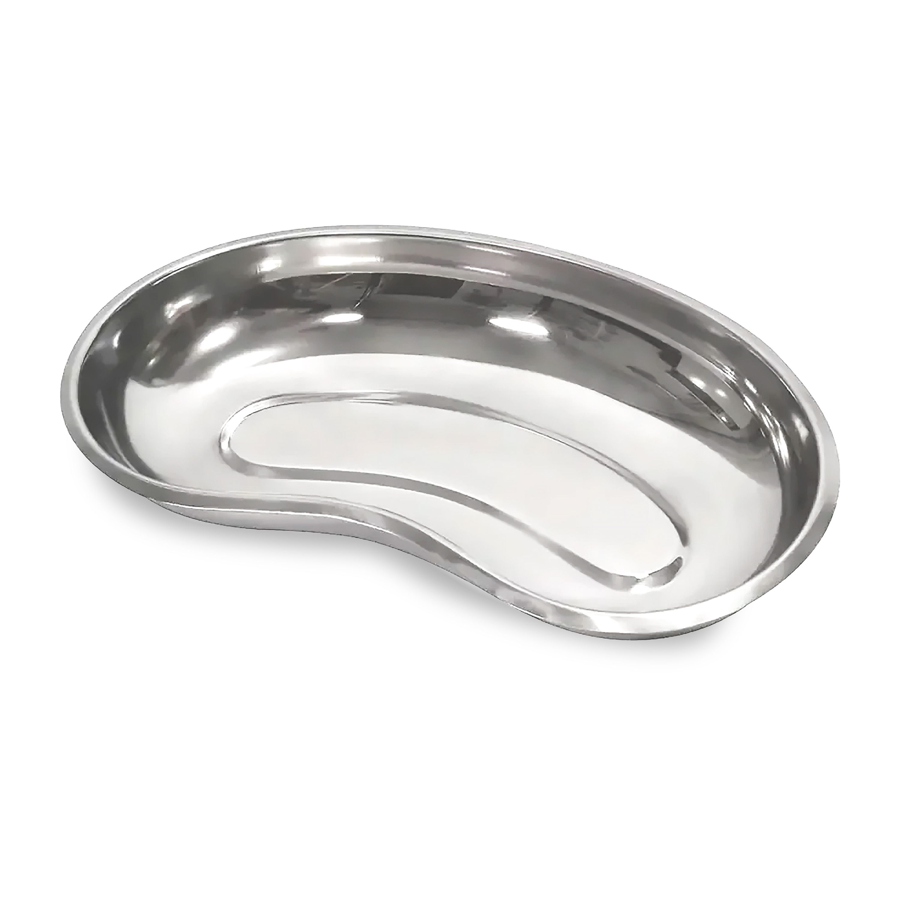 Nierenschale aus Edelstahl. Halbmondförmige Form mit erhöhten Rändern. Glänzende, silberne Oberfläche.