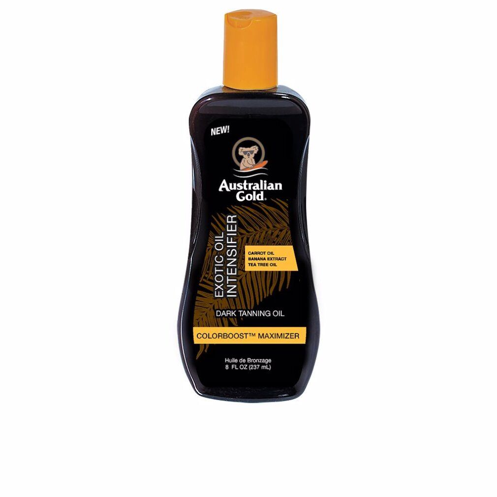 Braune Flasche mit gelbem Sprühkopf. Aufschrift: Exotic Oil Intensifier, Australian Gold. Mit Logo.