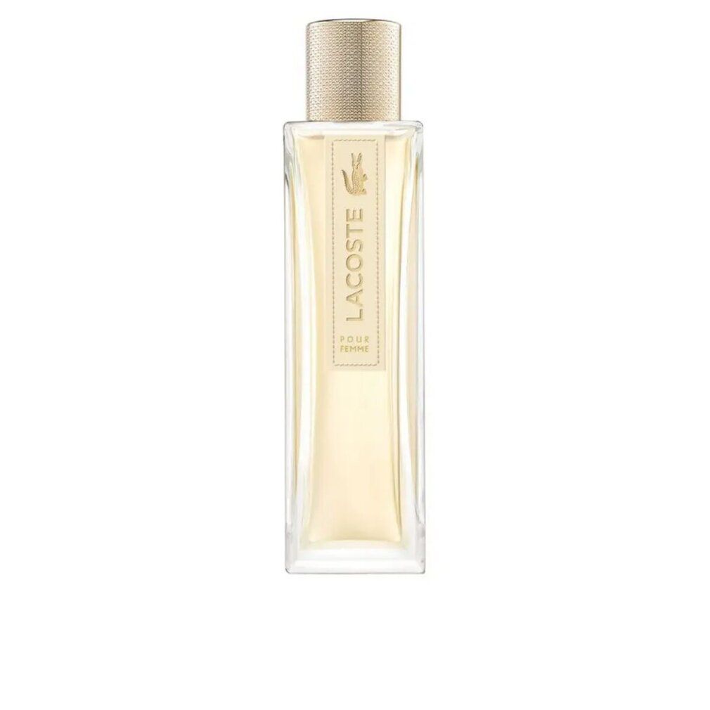 Lacoste Pour Femme EdP Nat. Spray. Rechteckiger Flakon mit goldfarbenem Verschluss. Aufschrift Lacoste und Krokodil-Logo.