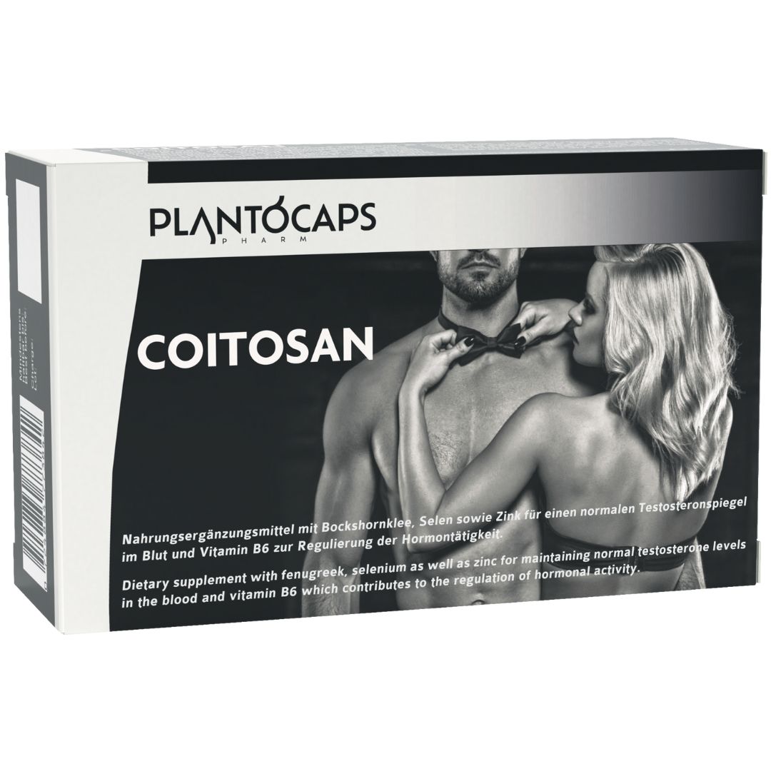 PlantoCAPS COITOSAN-Schachtel. Text: Nahrungsergänzungsmittel mit Bockshornklee, Selen, Zink und Vitamin B6.