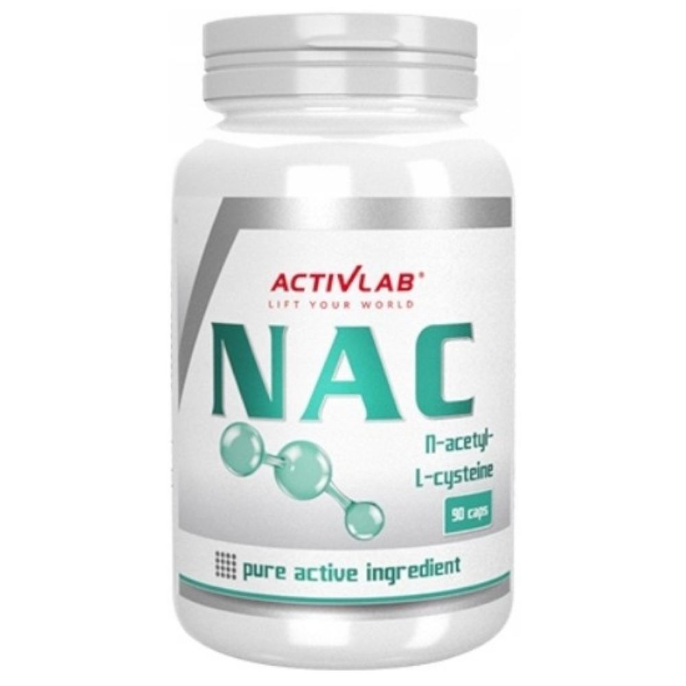 Activlab NAC Kapselbehälter mit 90 Kapseln. Zeigt Molekülstruktur und Text 'pure active ingredient'.