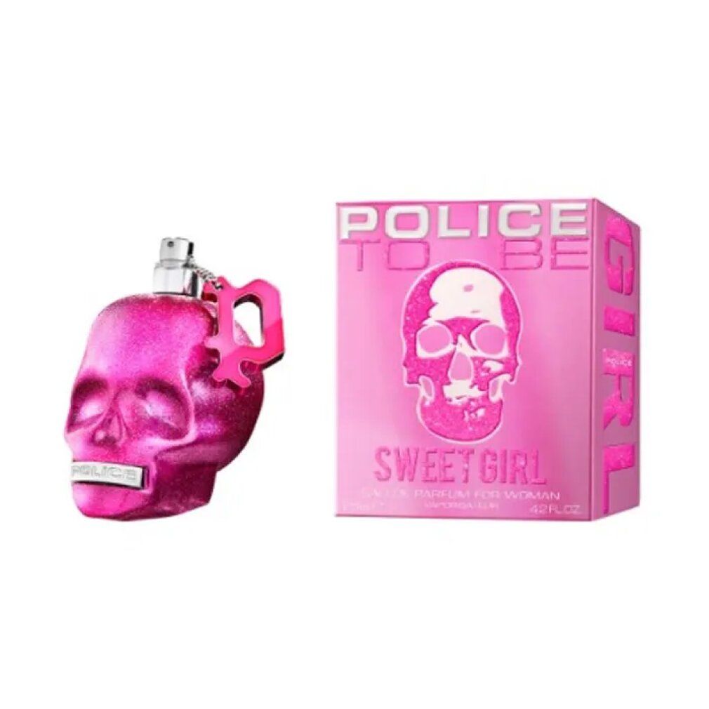 Glitzernde pinke Totenkopf-Parfümflasche mit passender Schachtel. "Sweet Girl" Aufschrift.