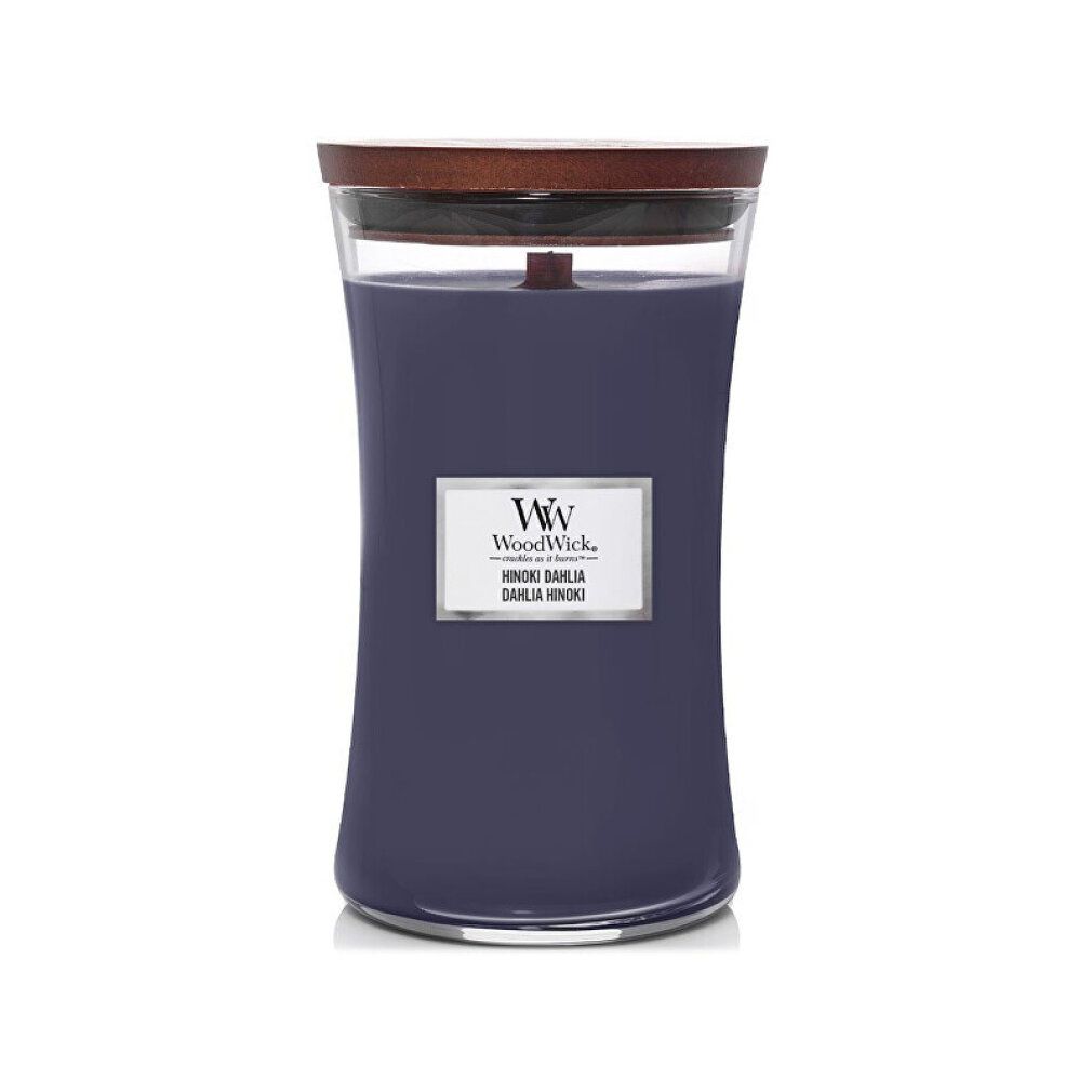 Kerze mit Glasbehälter und Holzdeckel. Etikett mit "WW"-Logo und "Hinoki Dahlia". Dunkelblaue Wachsfarbe.