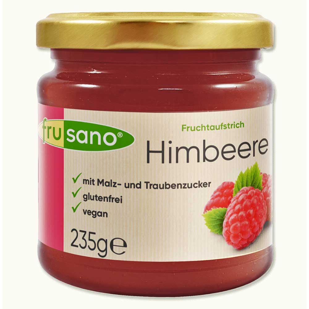 Glas mit Himbeere Fruchtaufstrich. Etikett mit Produktname, Zutaten, vegan und glutenfrei. Goldener Deckel, rote Marmelade.