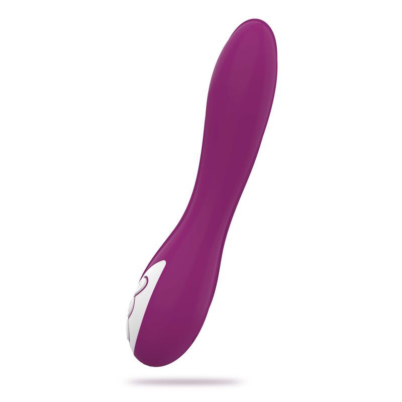 Lila Vibrator mit geschwungener Form. Weiße Akzente. Drei Knöpfe am unteren Ende.